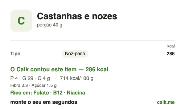 Cartão do Calk para a versão mais calórica de Castanhas e nozes: 714 kcal por 100 g, proteína/gordura/carboidratos 5/90/5