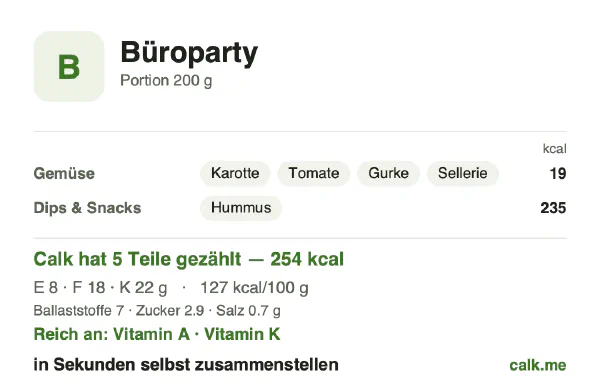Calk-Karte für die kalorienärmere Variante von Büroparty-Snacks: 127 kcal pro 100 g, Eiweiß/Fett/Kohlenhydrate 12/58/31