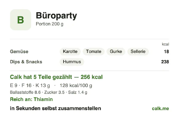 Calk-Karte für die kalorienärmere Variante von Büroparty-Snacks: 128 kcal pro 100 g, Eiweiß/Fett/Kohlenhydrate 15/62/22