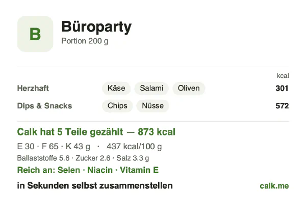 Calk-Karte für die kalorienreichere Variante von Büroparty-Snacks: 437 kcal pro 100 g, Eiweiß/Fett/Kohlenhydrate 13/67/20