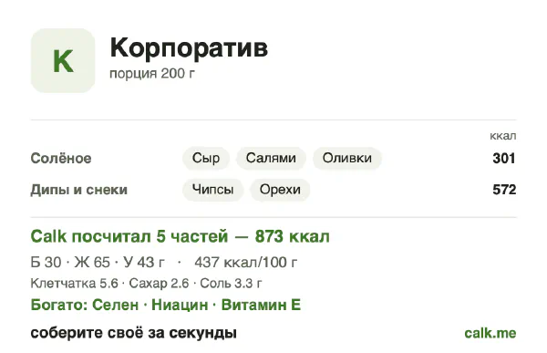 Карточка Calk, более калорийный вариант Еда на корпоративе: 437 ккал на 100 г, белки/жиры/углеводы 13/67/20