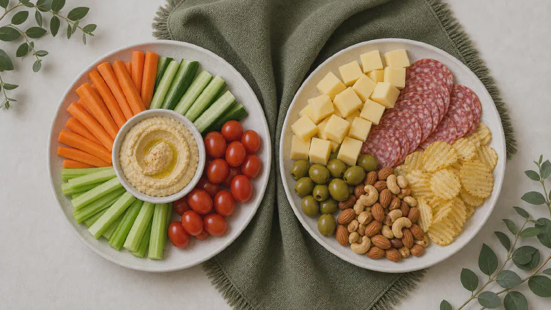 Office party plate: lower- and higher-calorie Calk versions side by side