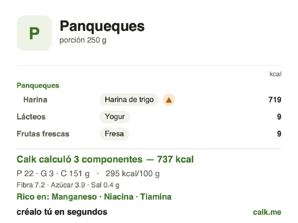 Tarjeta de Calk, versión menos calórica de Panqueques: 295 kcal por 100 g, proteínas/grasas/carbohidratos 12/4/84