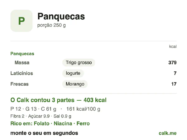 Cartão do Calk para a versão menos calórica de Panquecas: 161 kcal por 100 g, proteína/gordura/carboidratos 12/28/60