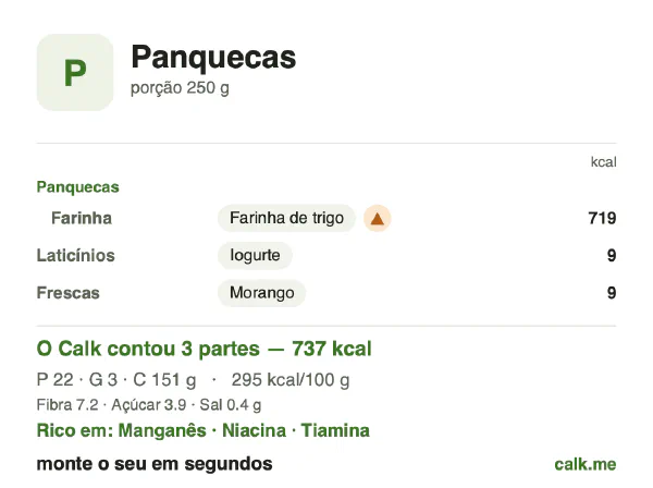 Cartão do Calk para a versão menos calórica de Panquecas: 295 kcal por 100 g, proteína/gordura/carboidratos 12/4/84