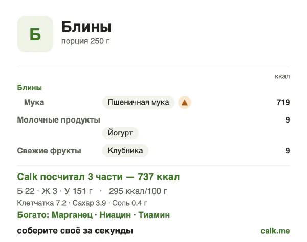 Карточка «Блины» в Calk — менее калорийный вариант: 295 ккал на 100 г, белки/жиры/углеводы 12/4/84