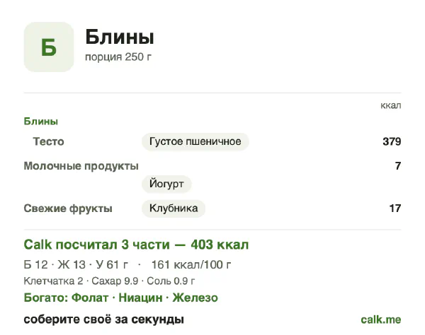 Карточка «Блины» в Calk — менее калорийный вариант: 161 ккал на 100 г, белки/жиры/углеводы 12/28/60