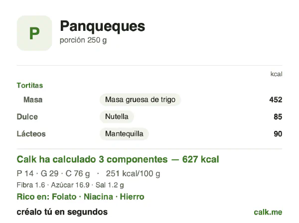 Ficha de Calk, versión más calórica de Tortitas: 251 kcal por 100 g, proteínas/grasas/hidratos 9/42/49