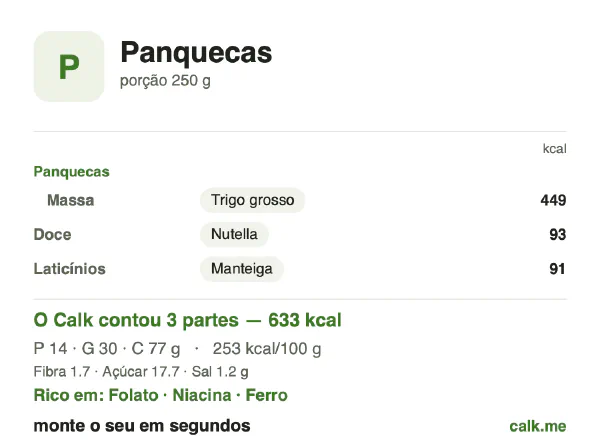 Cartão do Calk para a versão mais calórica de Panquecas: 253 kcal por 100 g, proteína/gordura/carboidratos 9/42/49
