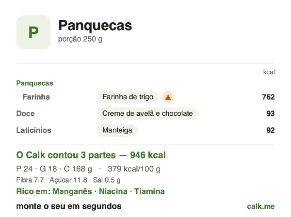 Cartão do Calk para a versão mais calórica de Panquecas: 379 kcal por 100 g, proteína/gordura/carboidratos 10/18/72