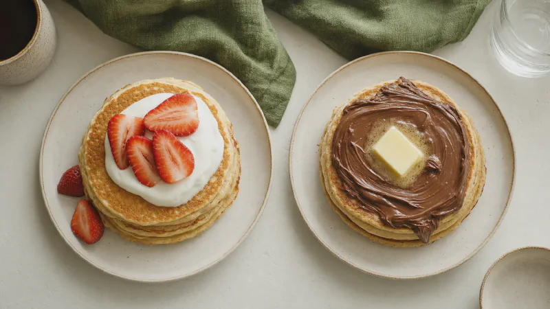 Pancakes: lower- and higher-calorie Calk versions side by side