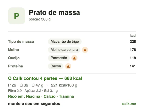 Cartão do Calk para a versão mais calórica de Prato de massa: 221 kcal por 100 g, proteína/gordura/carboidratos 18/54/29