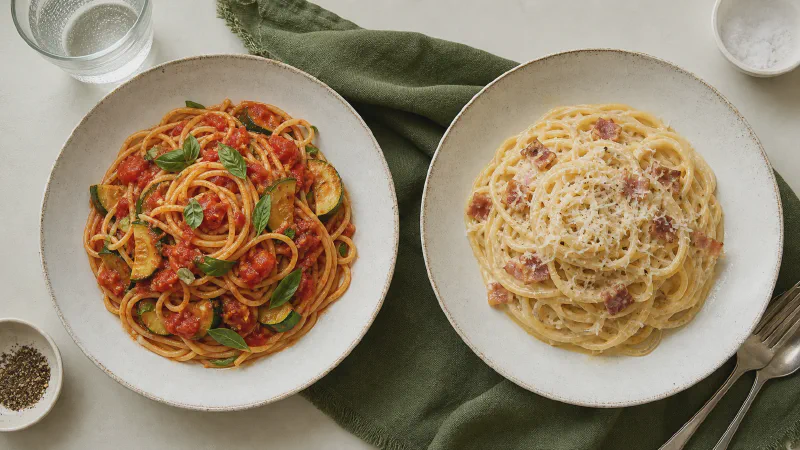 Pasta: lower- and higher-calorie Calk versions side by side