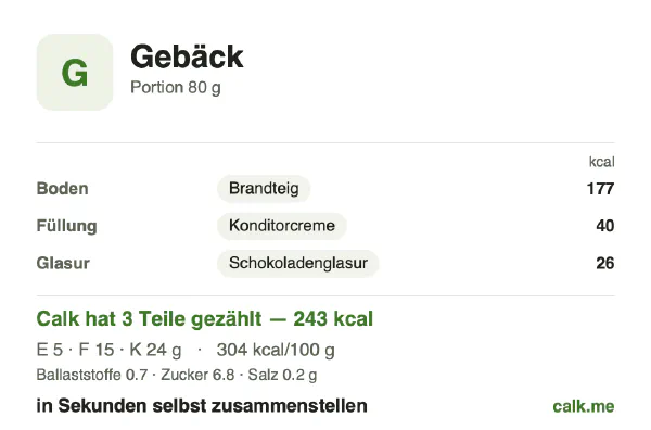Calk-Karte für die kalorienärmere Variante von Gebäck: 304 kcal pro 100 g, Eiweiß/Fett/Kohlenhydrate 8/53/39