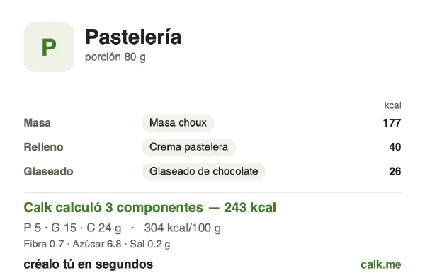 Tarjeta de Calk, versión menos calórica de Pasteles y hojaldres: 304 kcal por 100 g, proteínas/grasas/carbohidratos 8/53/39