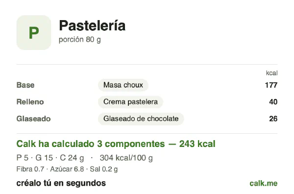 Ficha de Calk, versión menos calórica de Pasteles y hojaldres: 304 kcal por 100 g, proteínas/grasas/hidratos 8/53/39