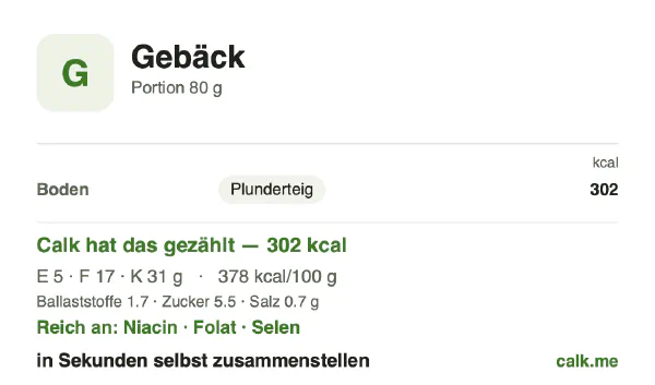 Calk-Karte für die kalorienreichere Variante von Gebäck: 378 kcal pro 100 g, Eiweiß/Fett/Kohlenhydrate 7/51/42