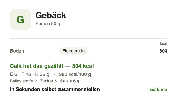 Calk-Karte für die kalorienreichere Variante von Gebäck: 380 kcal pro 100 g, Eiweiß/Fett/Kohlenhydrate 9/49/43