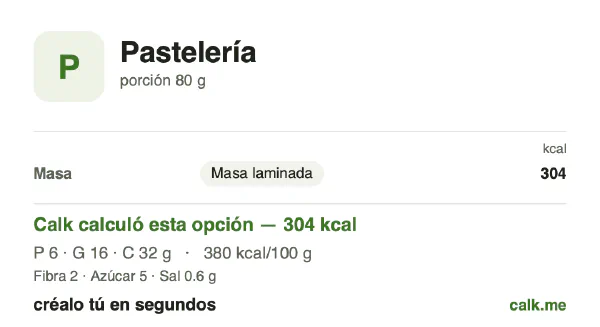 Tarjeta de Calk, versión más calórica de Pasteles y hojaldres: 380 kcal por 100 g, proteínas/grasas/carbohidratos 9/49/43
