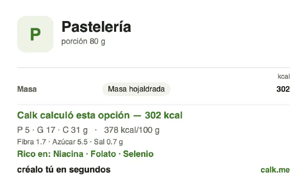 Tarjeta de Calk, versión más calórica de Pasteles y hojaldres: 378 kcal por 100 g, proteínas/grasas/carbohidratos 7/51/42