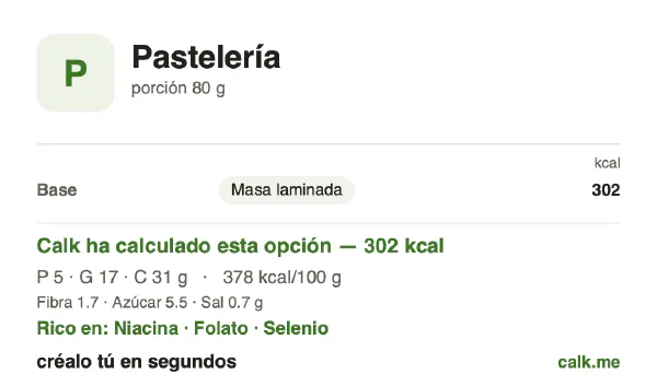 Ficha de Calk, versión más calórica de Pasteles y hojaldres: 378 kcal por 100 g, proteínas/grasas/hidratos 7/51/42