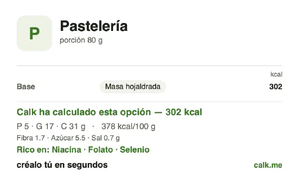 Ficha de Calk, versión más calórica de Pasteles y hojaldres: 378 kcal por 100 g, proteínas/grasas/hidratos 7/51/42