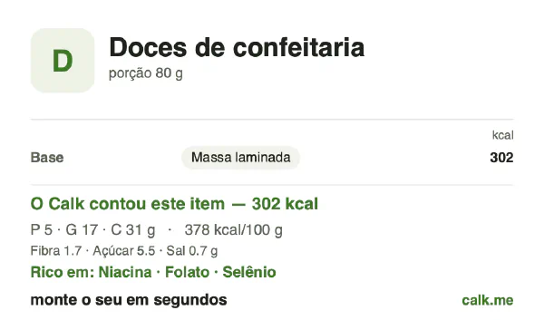 Cartão do Calk para a versão mais calórica de Doces e folhados: 378 kcal por 100 g, proteína/gordura/carboidratos 7/51/42