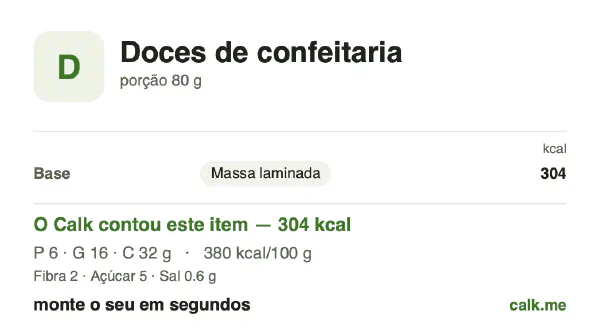 Cartão do Calk para a versão mais calórica de Doces e folhados: 380 kcal por 100 g, proteína/gordura/carboidratos 9/49/43