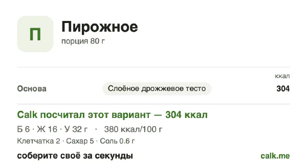 Карточка «Пирожное» в Calk — более калорийный вариант: 380 ккал на 100 г, белки/жиры/углеводы 9/49/43