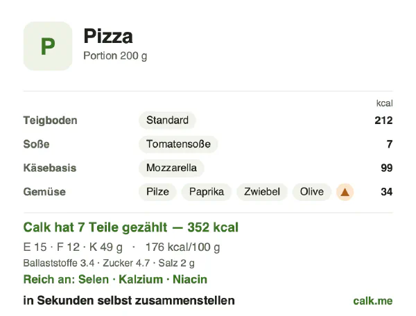 Calk-Karte für die kalorienärmere Variante von Pizza: 176 kcal pro 100 g, Eiweiß/Fett/Kohlenhydrate 17/30/53