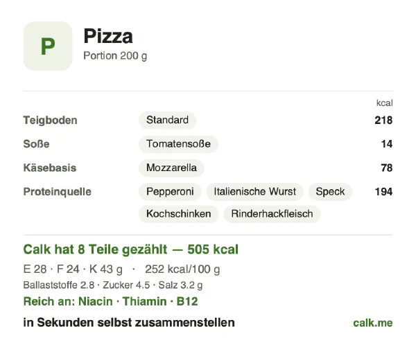 Calk-Karte für die kalorienreichere Variante von Pizza: 252 kcal pro 100 g, Eiweiß/Fett/Kohlenhydrate 22/43/34