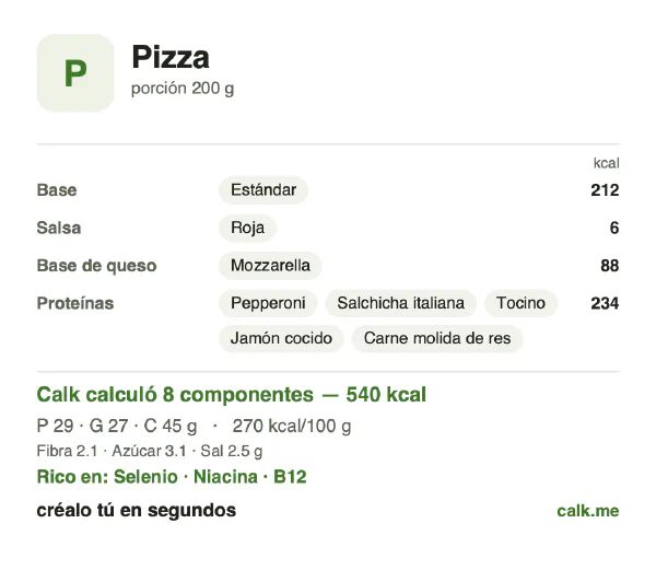 Tarjeta de Calk, versión más calórica de Pizza: 270 kcal por 100 g, proteínas/grasas/carbohidratos 21/45/34