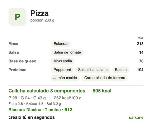Ficha de Calk, versión más calórica de Pizza: 252 kcal por 100 g, proteínas/grasas/hidratos 22/43/34