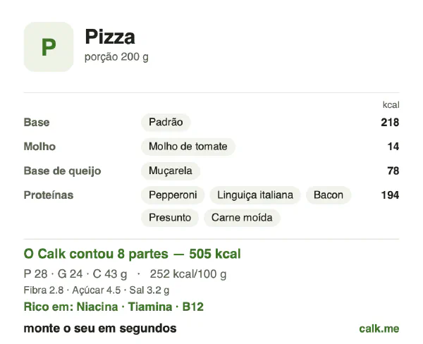 Cartão do Calk para a versão mais calórica de Pizza: 252 kcal por 100 g, proteína/gordura/carboidratos 22/43/34