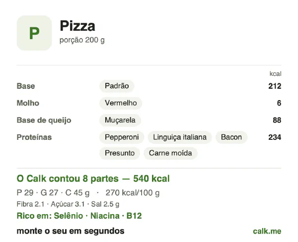 Cartão do Calk para a versão mais calórica de Pizza: 270 kcal por 100 g, proteína/gordura/carboidratos 21/45/34