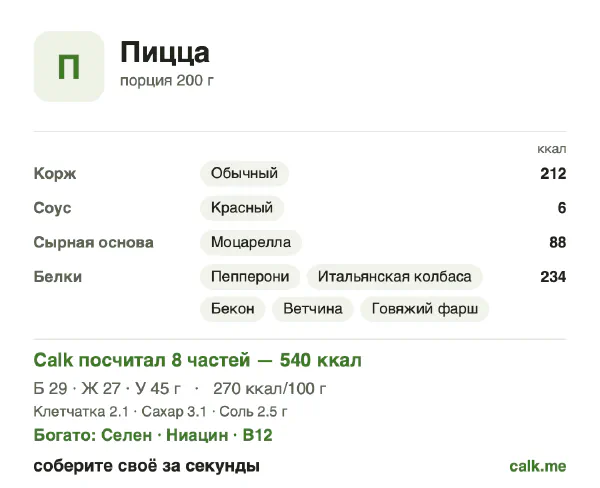 Карточка Calk, более калорийный вариант Пицца: 270 ккал на 100 г, белки/жиры/углеводы 21/45/34