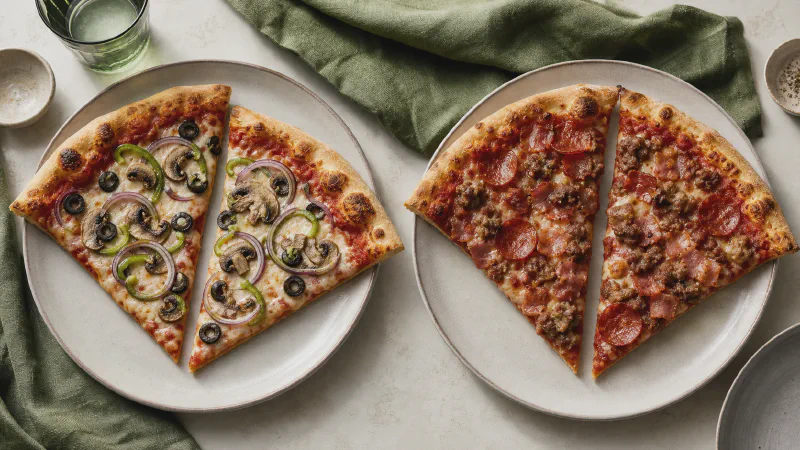 Pizza: lower- and higher-calorie Calk versions side by side