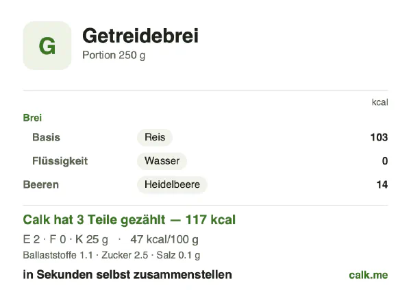 Calk-Karte für die kalorienärmere Variante von Porridge: 47 kcal pro 100 g, Eiweiß/Fett/Kohlenhydrate 8/3/89