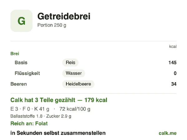 Calk-Karte für die kalorienärmere Variante von Porridge: 72 kcal pro 100 g, Eiweiß/Fett/Kohlenhydrate 8/2/90