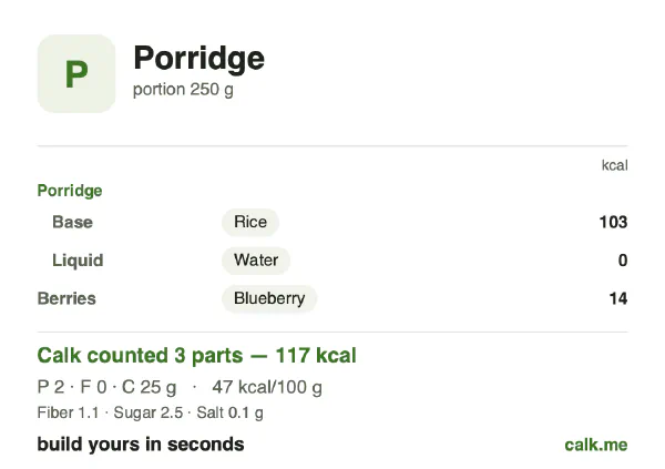 Lower calorie Calk card for Porridge: 47 kcal per 100 g, protein/fat/carbs 8/3/89