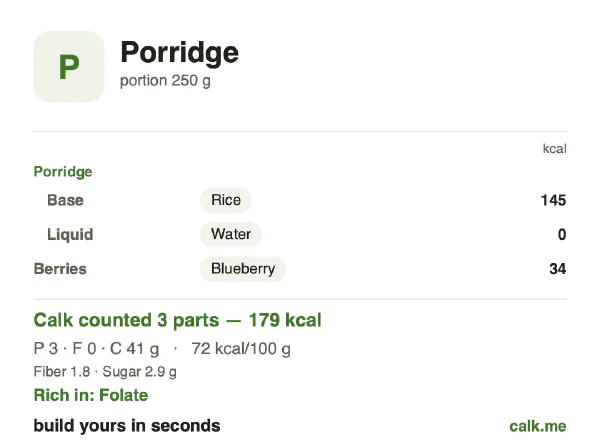Lower calorie Calk card for Porridge: 72 kcal per 100 g, protein/fat/carbs 8/2/90