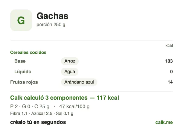 Tarjeta de Calk, versión menos calórica de Avena cocida: 47 kcal por 100 g, proteínas/grasas/carbohidratos 8/3/89