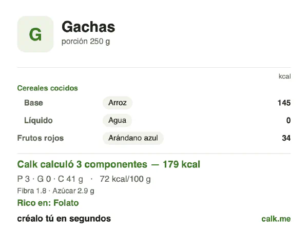 Tarjeta de Calk, versión menos calórica de Avena cocida: 72 kcal por 100 g, proteínas/grasas/carbohidratos 8/2/90