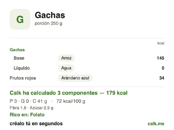 Ficha de Calk, versión menos calórica de Gachas: 72 kcal por 100 g, proteínas/grasas/hidratos 8/2/90