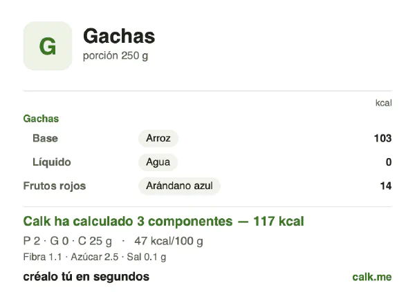 Ficha de Calk, versión menos calórica de Gachas: 47 kcal por 100 g, proteínas/grasas/hidratos 8/3/89