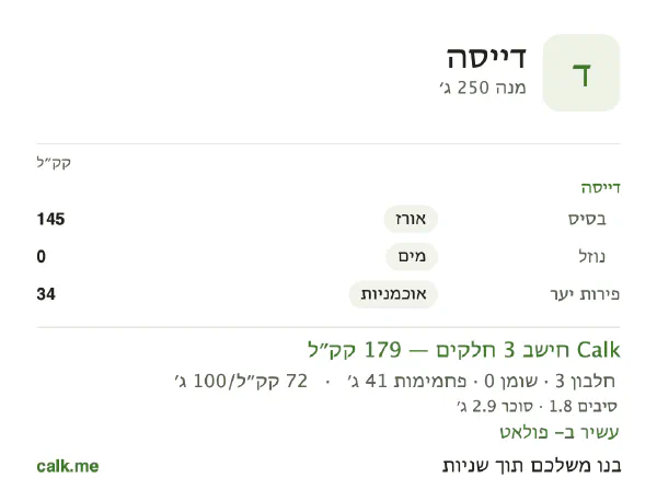 נתוני Calk לדייסה, בגרסה עם פחות קלוריות: 72 קק״ל ל-100 גרם, חלבון/שומן/פחמימות 8/2/90