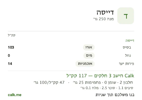 דייסה ב־Calk, עם פחות קלוריות: 47 קק״ל ל־100 גרם, חלבון/שומן/פחמימות 8/3/89