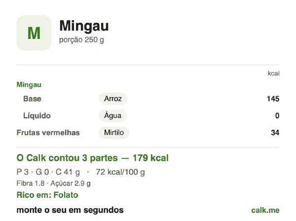 Cartão do Calk para a versão menos calórica de Mingau: 72 kcal por 100 g, proteína/gordura/carboidratos 8/2/90