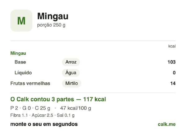 Cartão do Calk para a versão menos calórica de Mingau: 47 kcal por 100 g, proteína/gordura/carboidratos 8/3/89