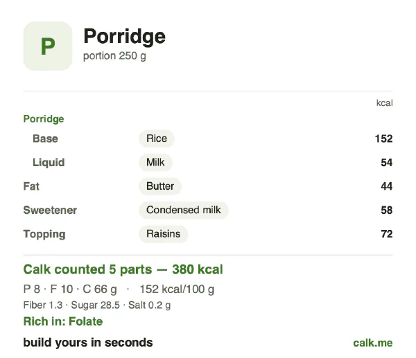 Higher calorie Calk card for Porridge: 152 kcal per 100 g, protein/fat/carbs 8/23/69